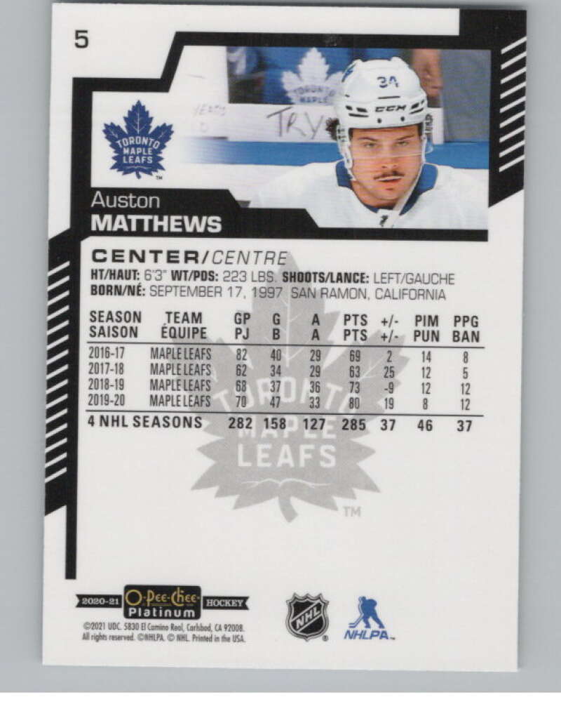 2020-21 O-Pee-Chee Platinum #5 Auston Matthews  Toronto Maple Leafs  V100536 Image 2