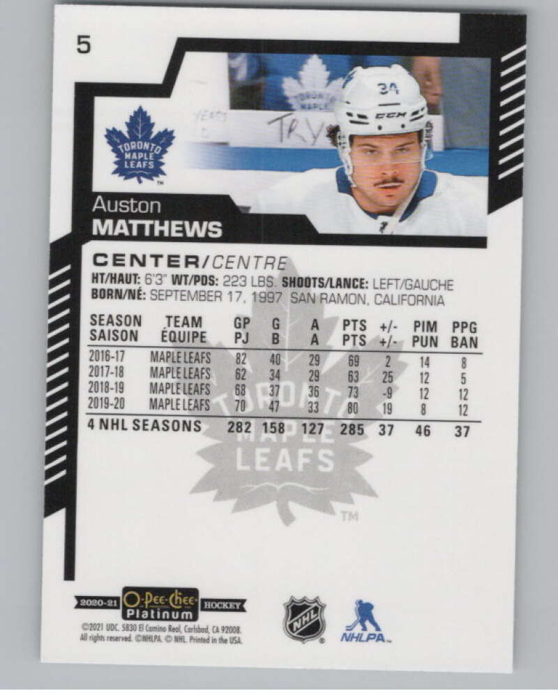 2020-21 O-Pee-Chee Platinum #5 Auston Matthews  Toronto Maple Leafs  V100537 Image 2