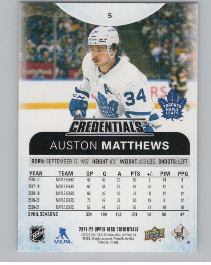 2021-22 Upper Deck Credentials #5 Auston Matthews  Toronto Maple Leafs  V100544 Image 2