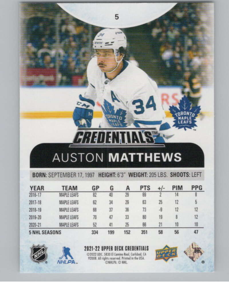 2021-22 Upper Deck Credentials #5 Auston Matthews  Toronto Maple Leafs  V100547 Image 2
