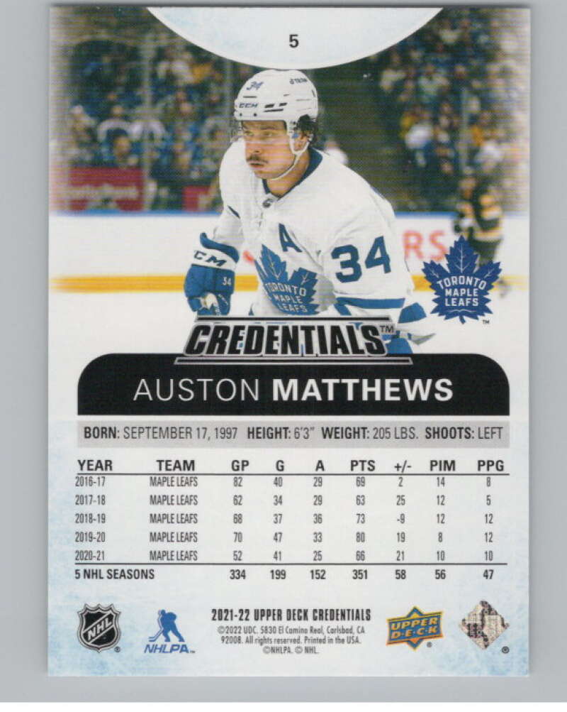2021-22 Upper Deck Credentials #5 Auston Matthews  Toronto Maple Leafs  V100551 Image 2