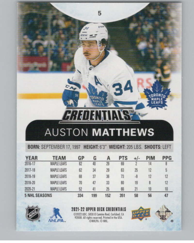 2021-22 Upper Deck Credentials #5 Auston Matthews  Toronto Maple Leafs  V100552 Image 2