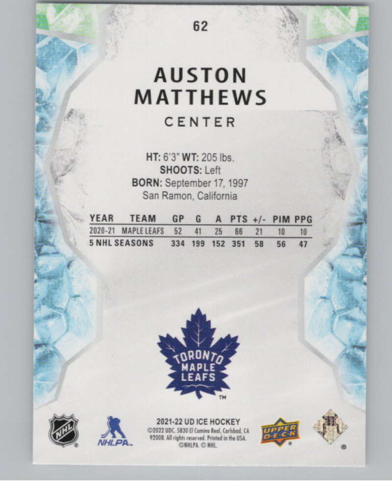 2021-22 Upper Deck Ice #62 Auston Matthews  Toronto Maple Leafs  V100556 Image 2