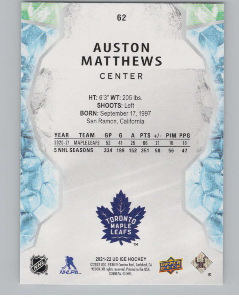 2021-22 Upper Deck Ice #62 Auston Matthews  Toronto Maple Leafs  V100557 Image 2