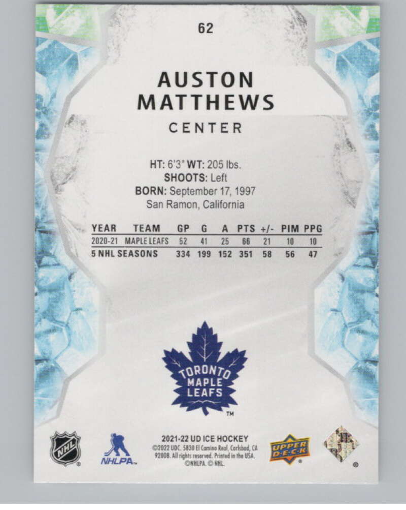 2021-22 Upper Deck Ice #62 Auston Matthews  Toronto Maple Leafs  V100558 Image 2