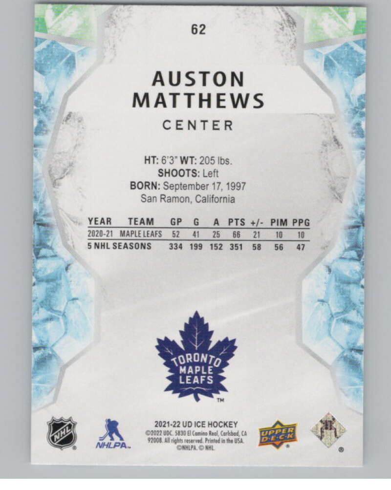 2021-22 Upper Deck Ice #62 Auston Matthews  Toronto Maple Leafs  V100559 Image 2