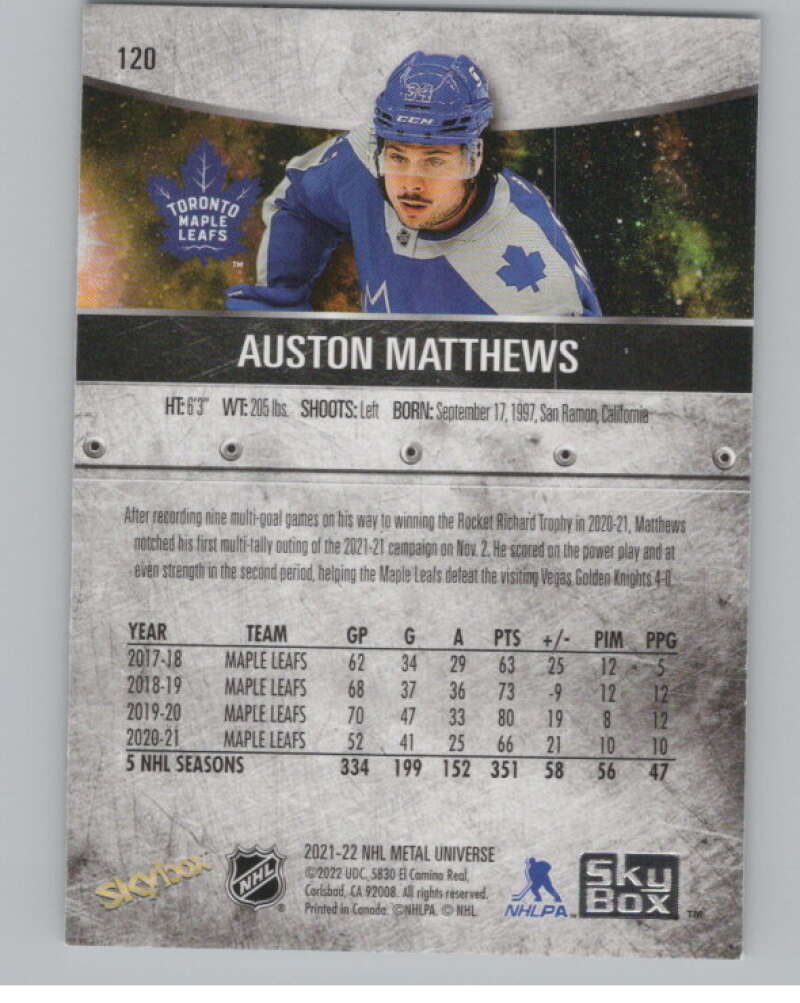 2021-22 Skybox Metal Universe #120 Auston Matthews  Toronto Maple Leafs  V100560 Image 2