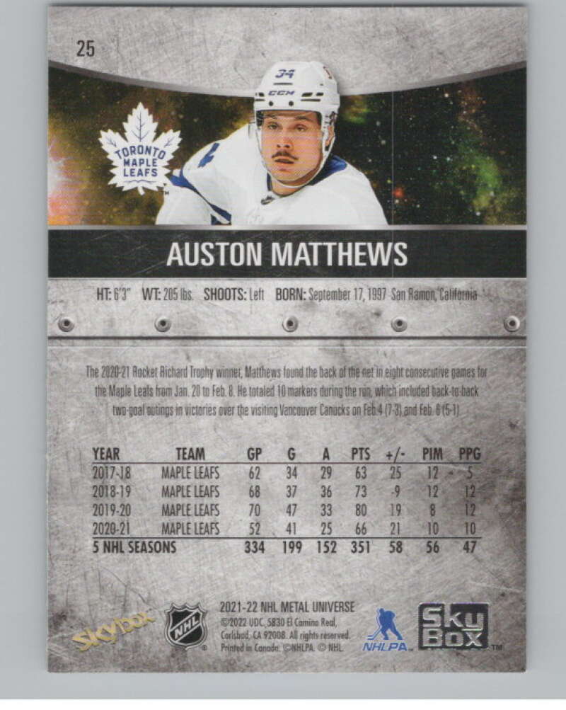 2021-22 Skybox Metal Universe #25 Auston Matthews  Toronto Maple Leafs  V100561 Image 2