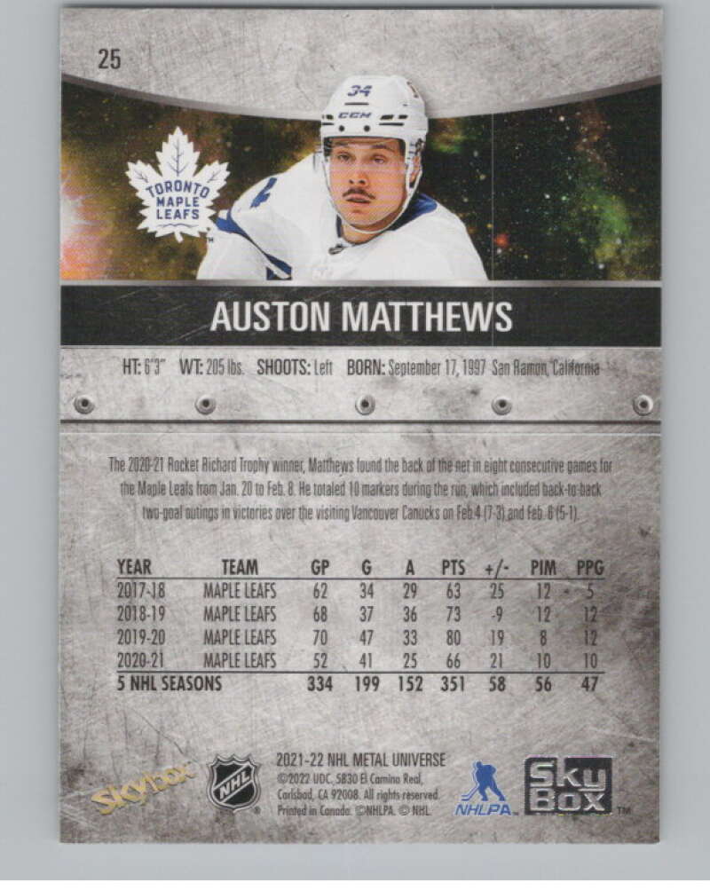 2021-22 Skybox Metal Universe #25 Auston Matthews  Toronto Maple Leafs  V100562 Image 2