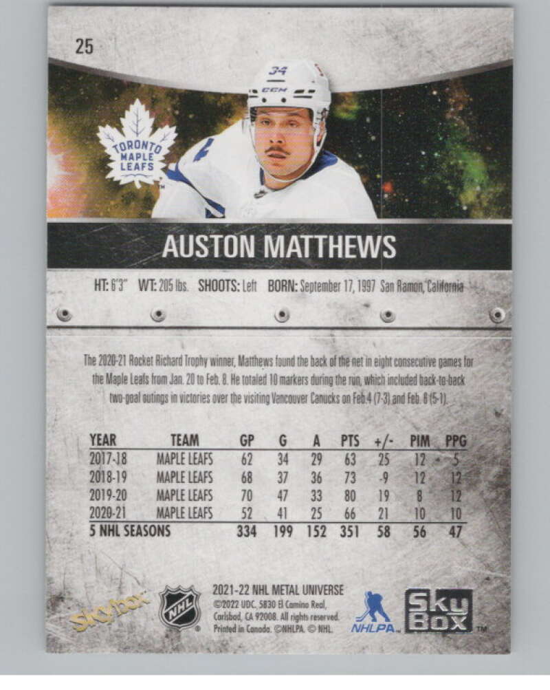 2021-22 Skybox Metal Universe #25 Auston Matthews  Toronto Maple Leafs  V100564 Image 2
