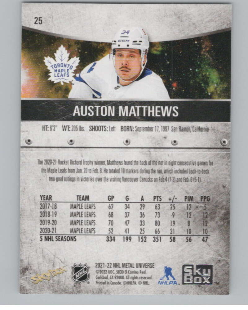 2021-22 Skybox Metal Universe #25 Auston Matthews  Toronto Maple Leafs  V100565 Image 2