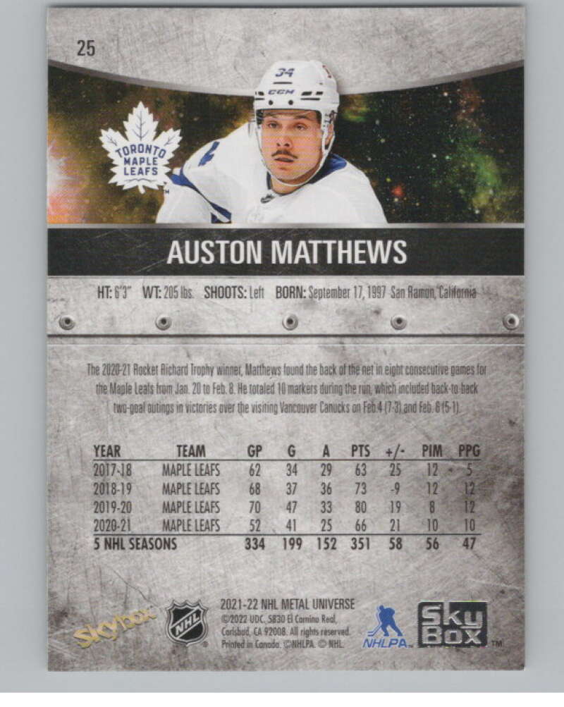 2021-22 Skybox Metal Universe #25 Auston Matthews  Toronto Maple Leafs  V100571 Image 2