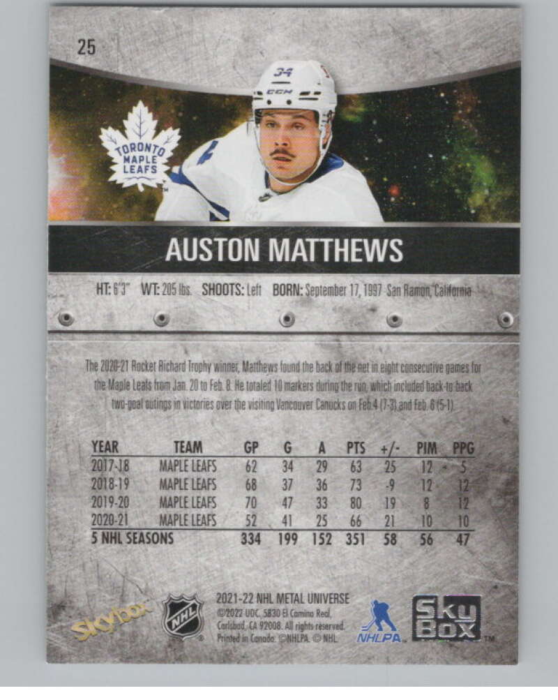2021-22 Skybox Metal Universe #25 Auston Matthews  Toronto Maple Leafs  V100572 Image 2