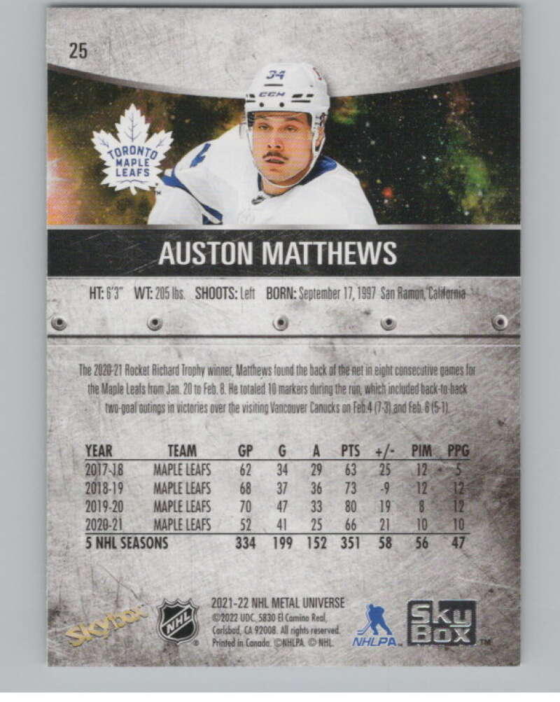 2021-22 Skybox Metal Universe #25 Auston Matthews  Toronto Maple Leafs  V100573 Image 2