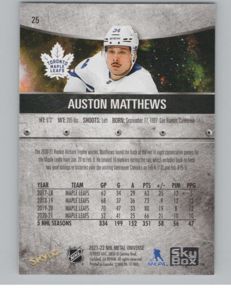 2021-22 Skybox Metal Universe #25 Auston Matthews  Toronto Maple Leafs  V100574 Image 2