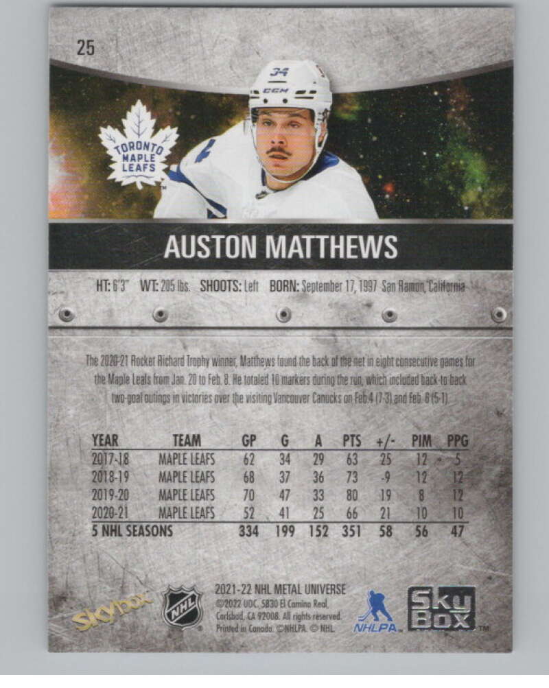 2021-22 Skybox Metal Universe #25 Auston Matthews  Toronto Maple Leafs  V100575 Image 2