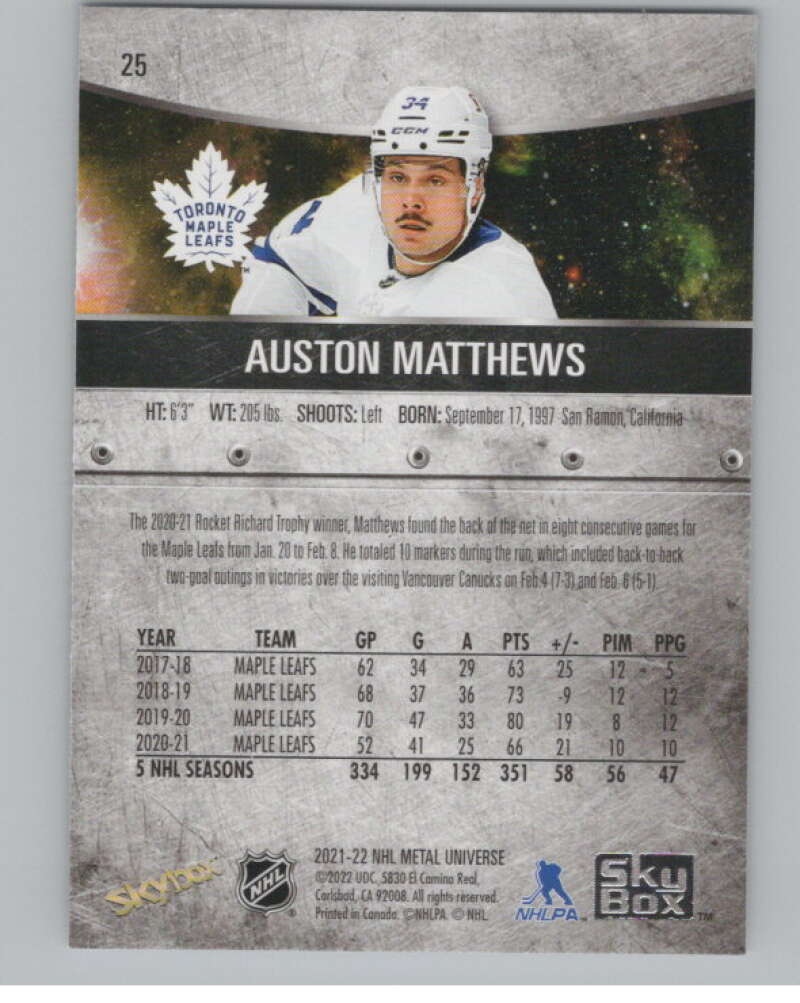 2021-22 Skybox Metal Universe #25 Auston Matthews  Toronto Maple Leafs  V100576 Image 2