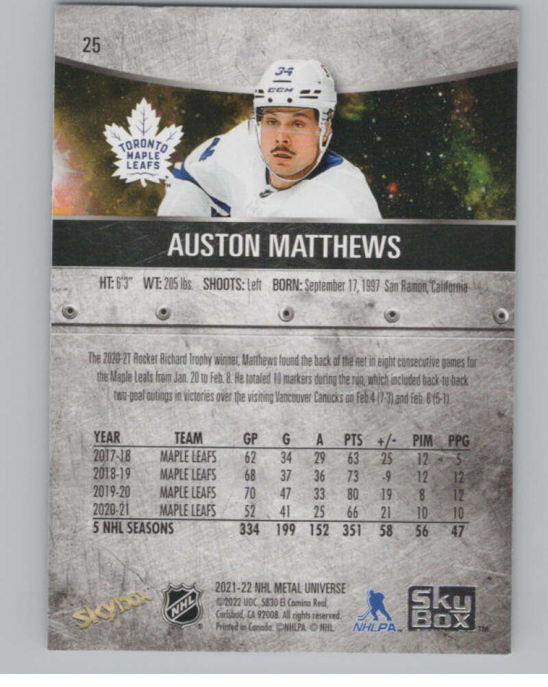 2021-22 Skybox Metal Universe #25 Auston Matthews  Toronto Maple Leafs  V100577 Image 2