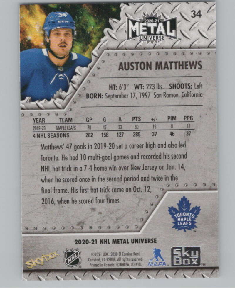 2020-21 Skybox Metal Universe #34 Auston Matthews  Toronto Maple Leafs  V100588 Image 2