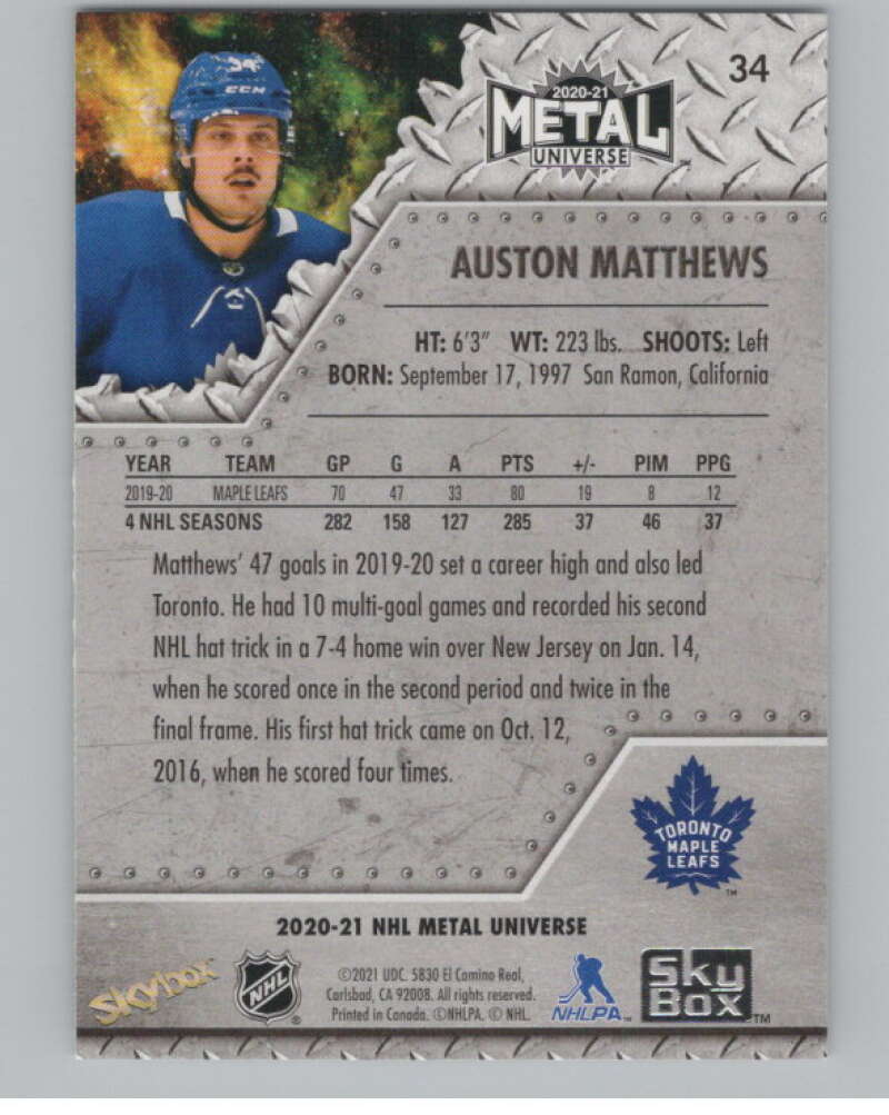 2020-21 Skybox Metal Universe #34 Auston Matthews  Toronto Maple Leafs  V100589 Image 2