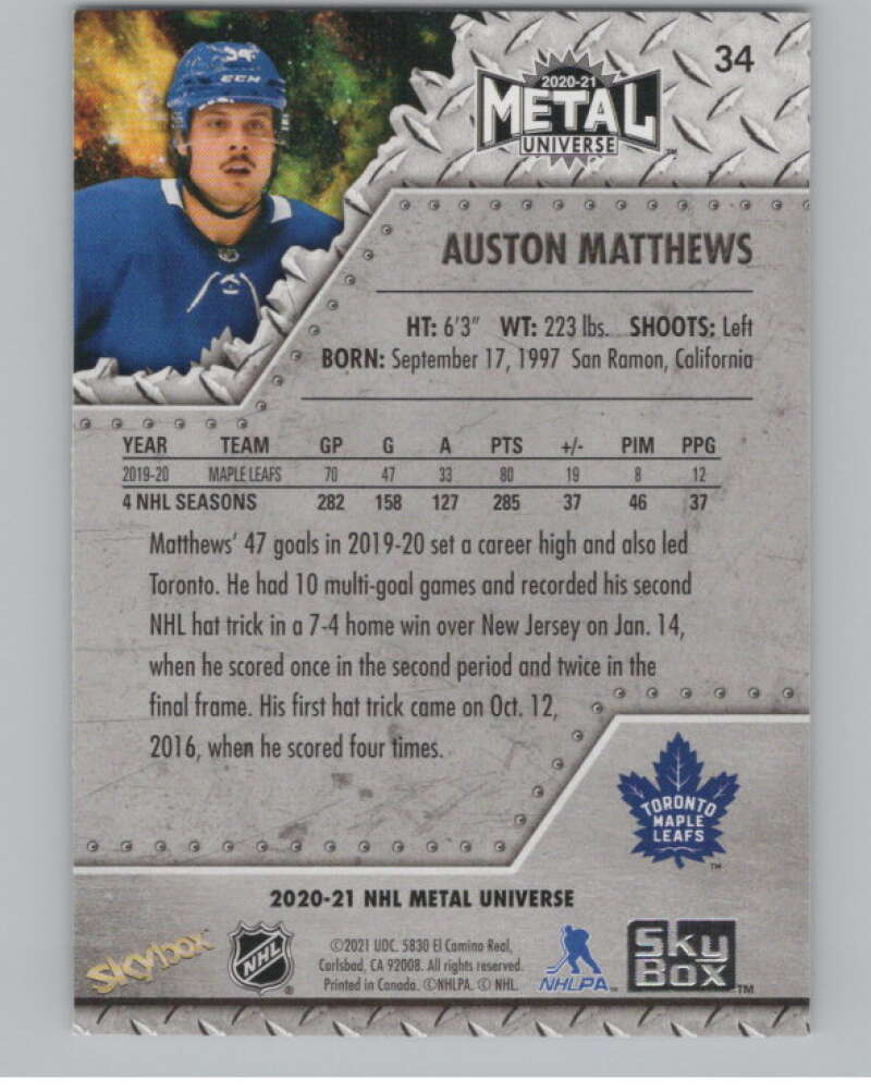 2020-21 Skybox Metal Universe #34 Auston Matthews  Toronto Maple Leafs  V100591 Image 2