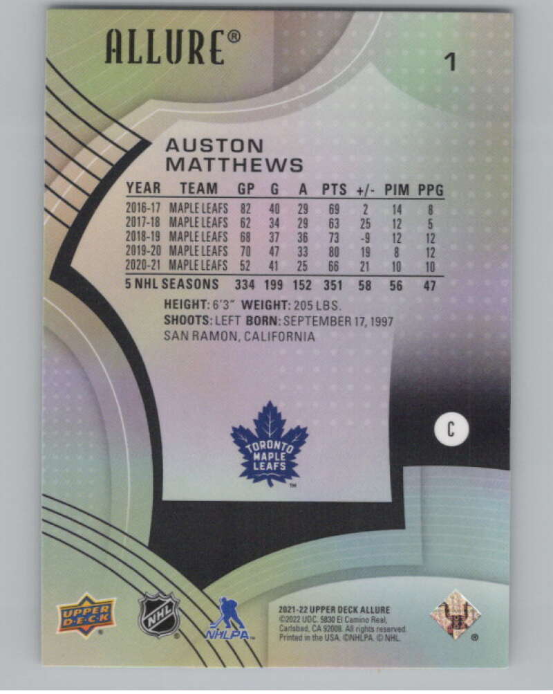 2021-22 Upper Deck Allure #1 Auston Matthews  Toronto Maple Leafs  V100658 Image 2