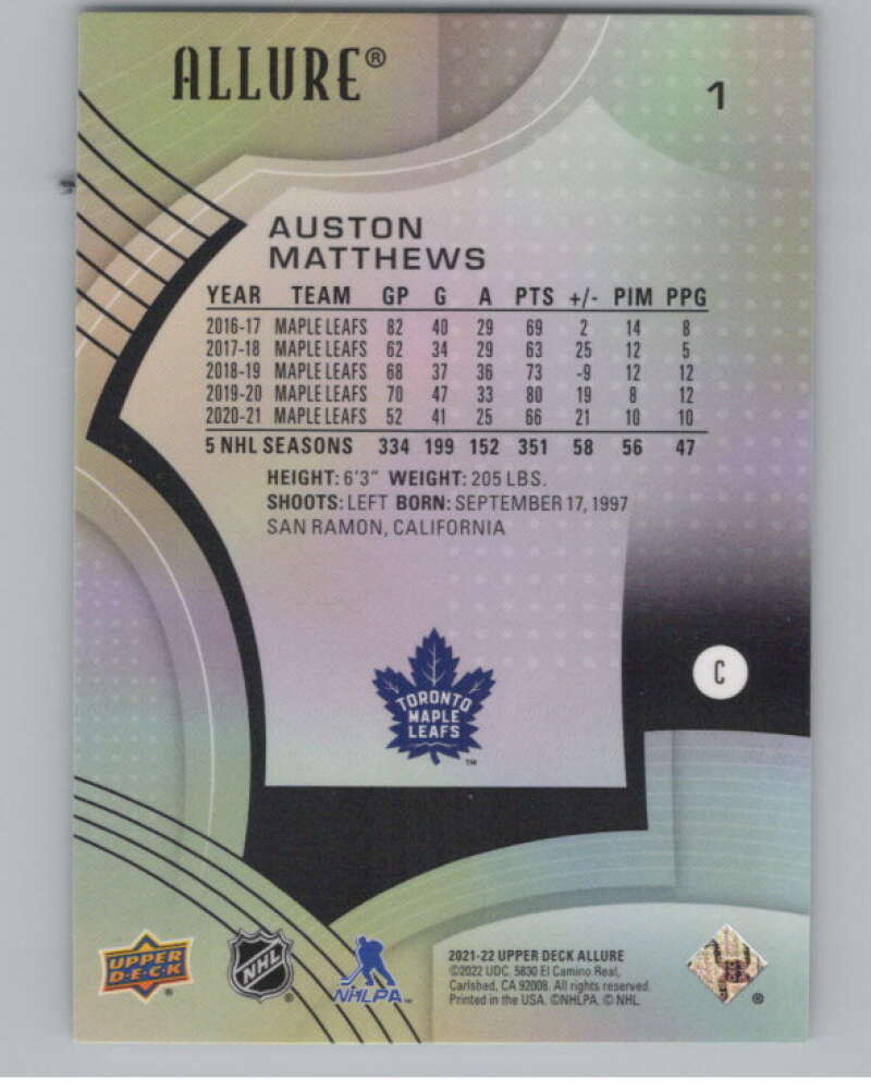 2021-22 Upper Deck Allure #1 Auston Matthews  Toronto Maple Leafs  V100667 Image 2
