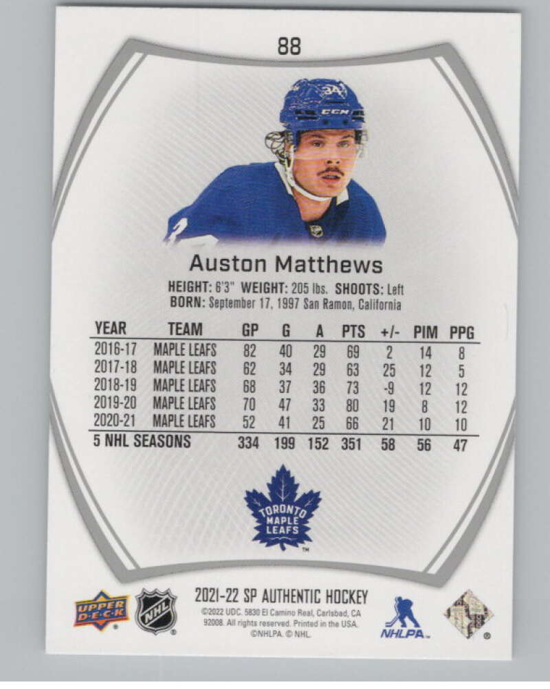 2021-22 SP Authentic #88 Auston Matthews  Toronto Maple Leafs  V100672 Image 2