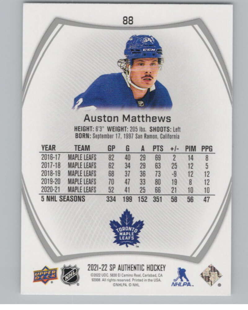 2021-22 SP Authentic #88 Auston Matthews  Toronto Maple Leafs  V100673 Image 2