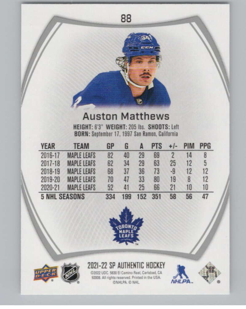 2021-22 SP Authentic #88 Auston Matthews  Toronto Maple Leafs  V100674 Image 2