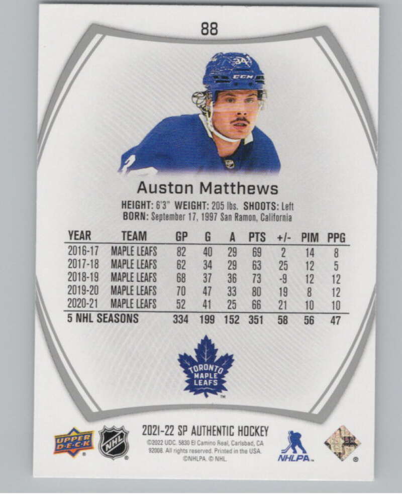 2021-22 SP Authentic #88 Auston Matthews  Toronto Maple Leafs  V100675 Image 2