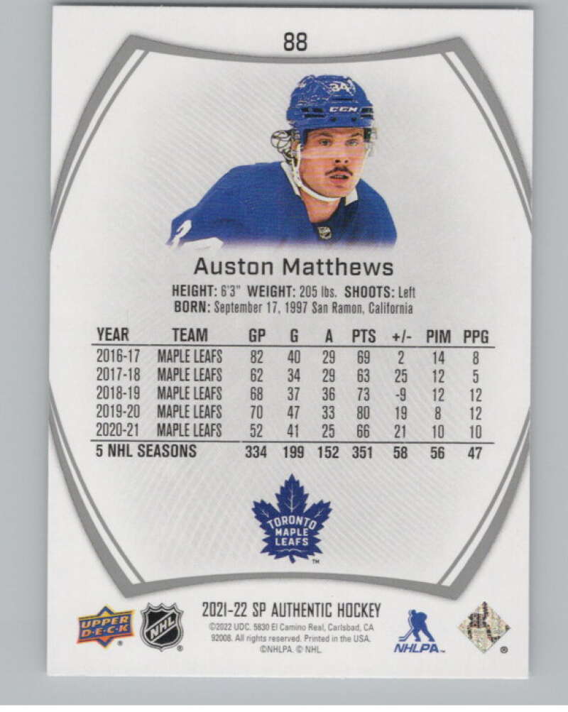 2021-22 SP Authentic #88 Auston Matthews  Toronto Maple Leafs  V100676 Image 2