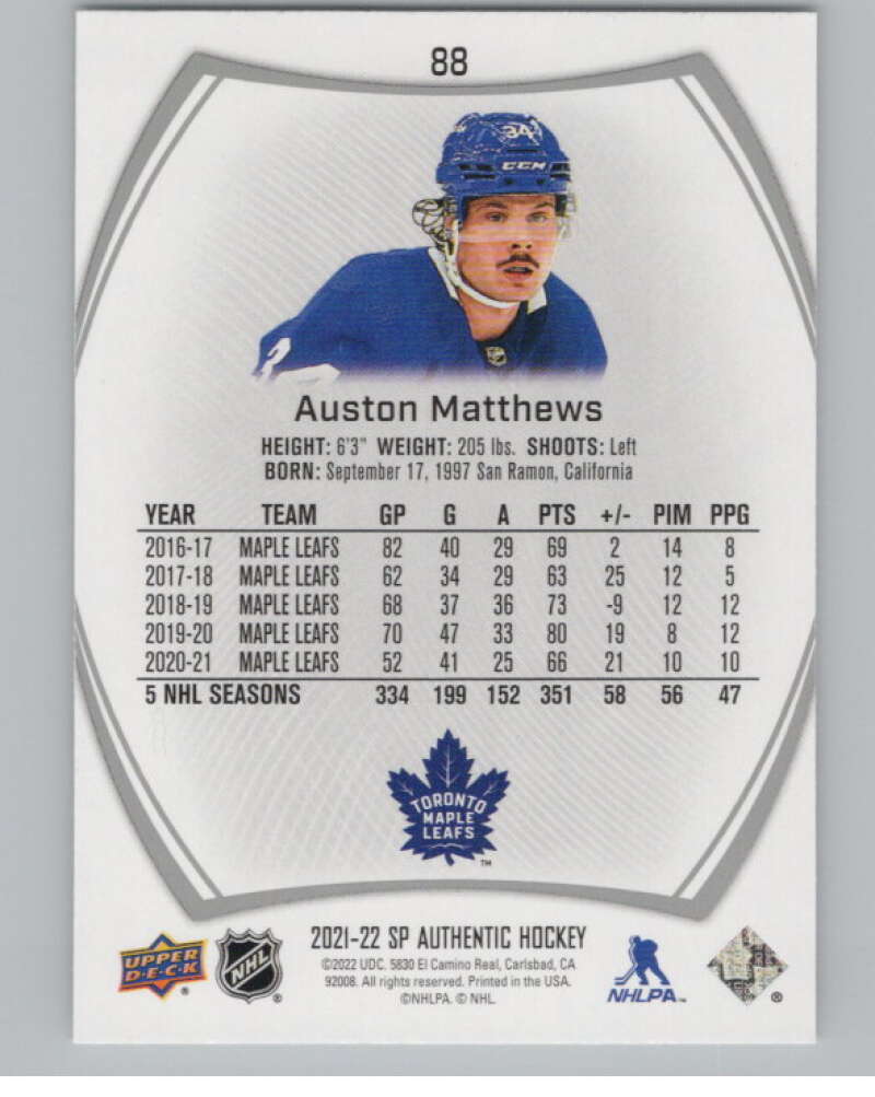 2021-22 SP Authentic #88 Auston Matthews  Toronto Maple Leafs  V100677 Image 2