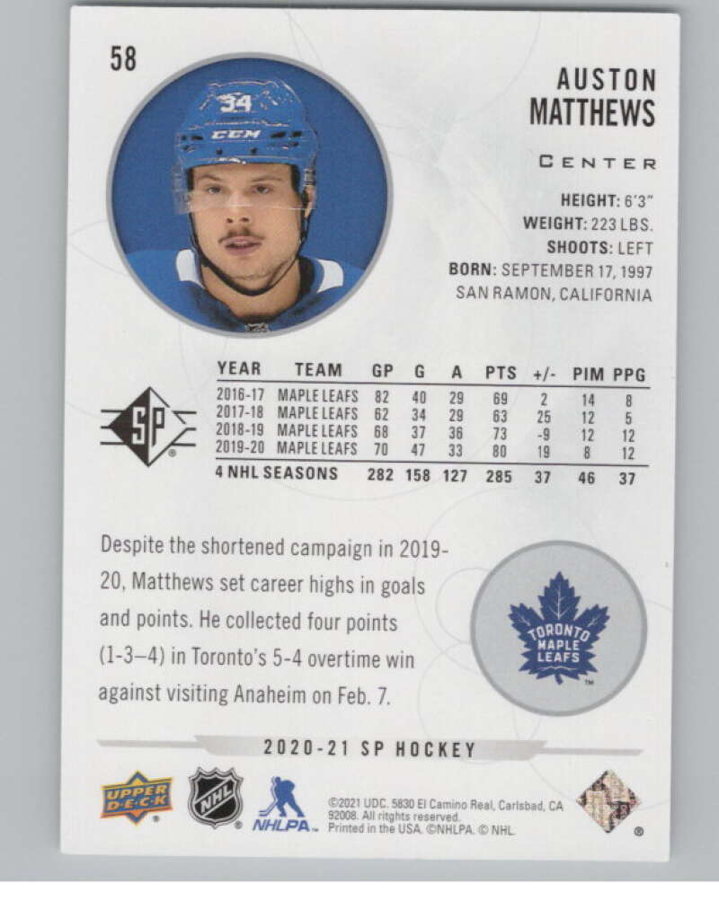 2020-21 SP #58 Auston Matthews  Toronto Maple Leafs  V100679 Image 2