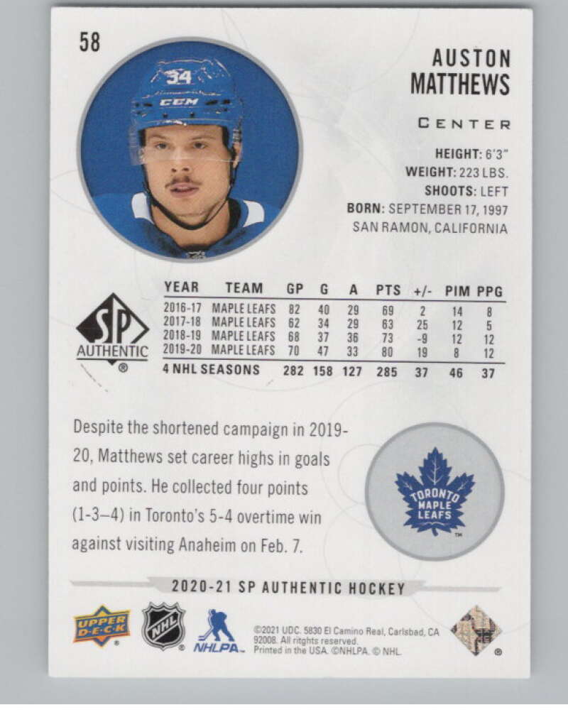 2020-21 SP Authentic #58 Auston Matthews  Toronto Maple Leafs  V100680 Image 2