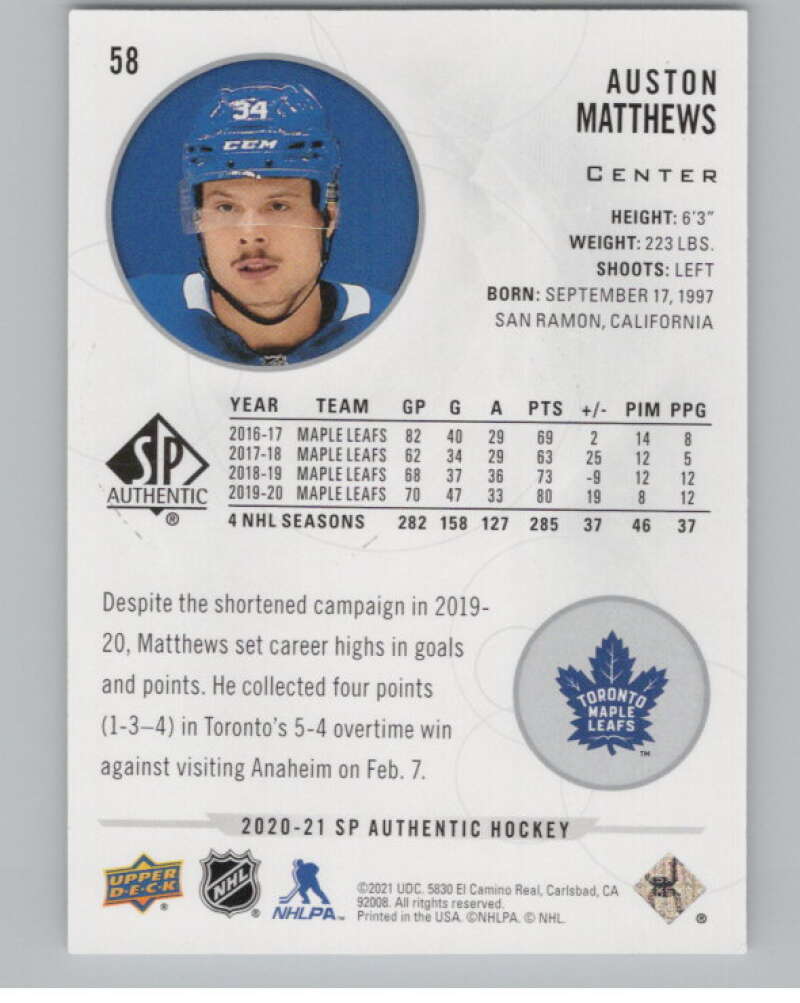 2020-21 SP Authentic #58 Auston Matthews  Toronto Maple Leafs  V100681 Image 2