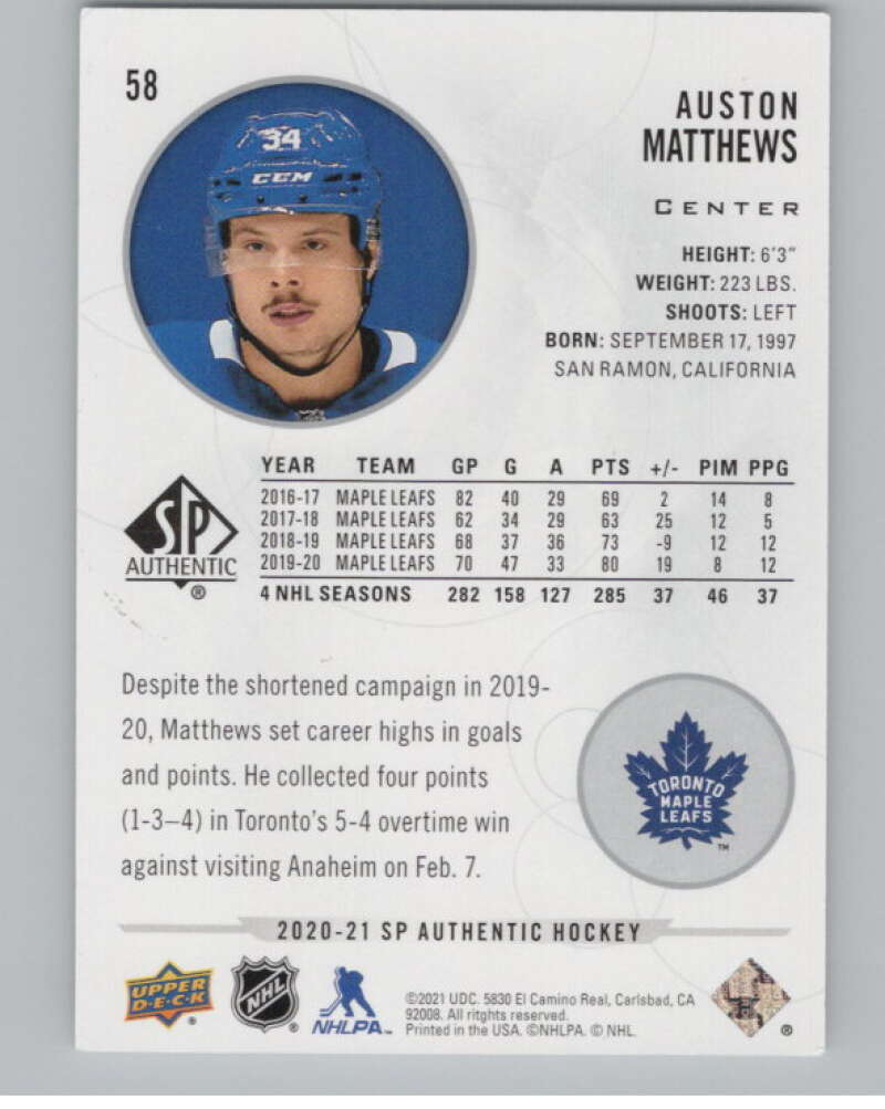 2020-21 SP Authentic #58 Auston Matthews  Toronto Maple Leafs  V100682 Image 2