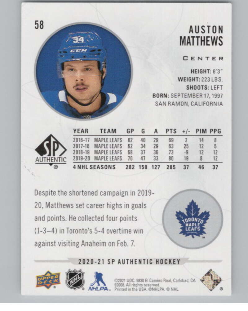 2020-21 SP Authentic #58 Auston Matthews  Toronto Maple Leafs  V100683 Image 2