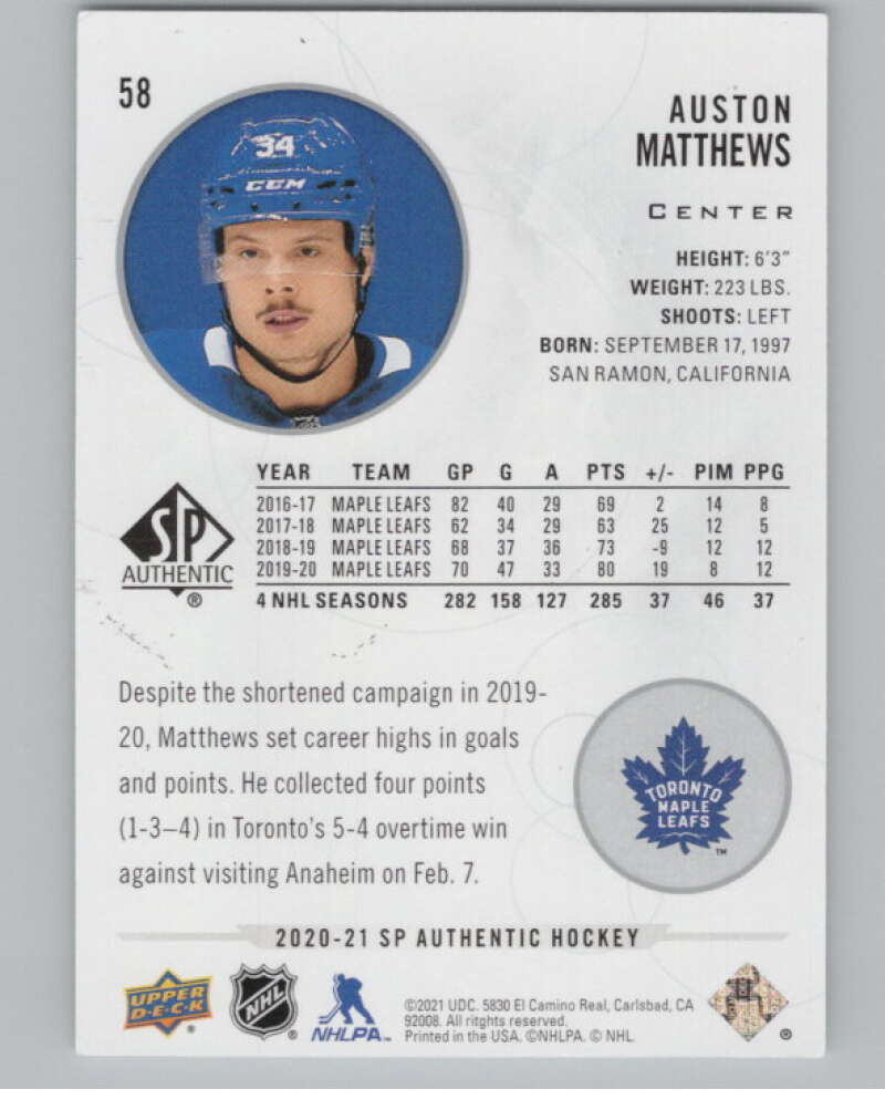 2020-21 SP Authentic #58 Auston Matthews  Toronto Maple Leafs  V100684 Image 2