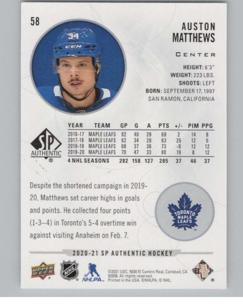 2020-21 SP Authentic #58 Auston Matthews  Toronto Maple Leafs  V100685 Image 2
