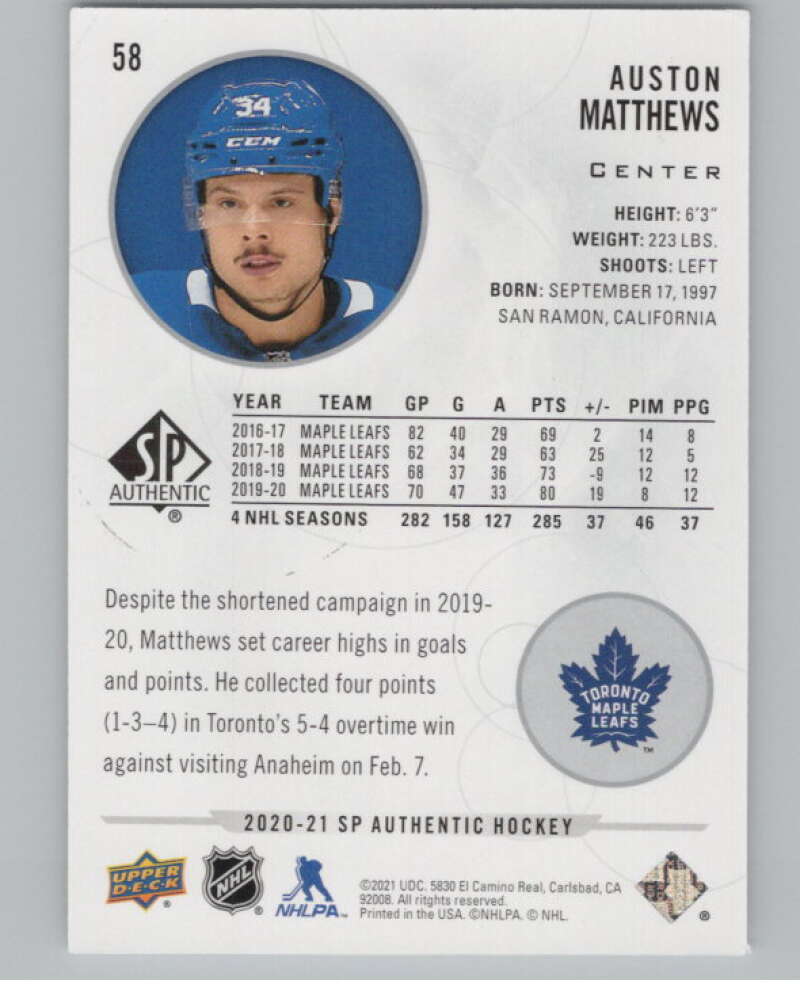 2020-21 SP Authentic #58 Auston Matthews  Toronto Maple Leafs  V100686 Image 2