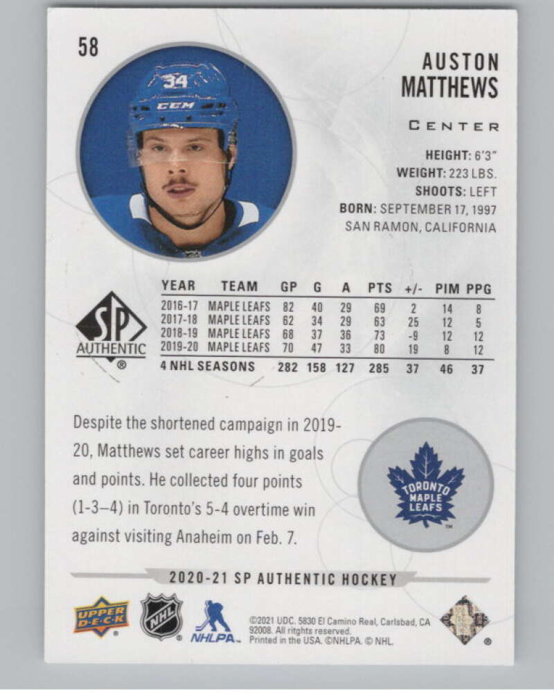2020-21 SP Authentic #58 Auston Matthews  Toronto Maple Leafs  V100687 Image 2