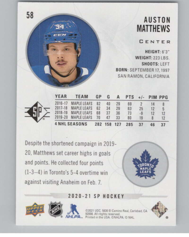 2020-21 SP #58 Auston Matthews  Toronto Maple Leafs  V100688 Image 2