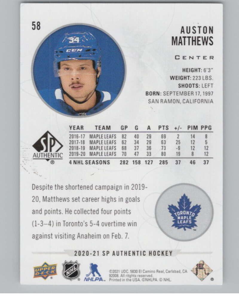 2020-21 SP Authentic #58 Auston Matthews  Toronto Maple Leafs  V100689 Image 2