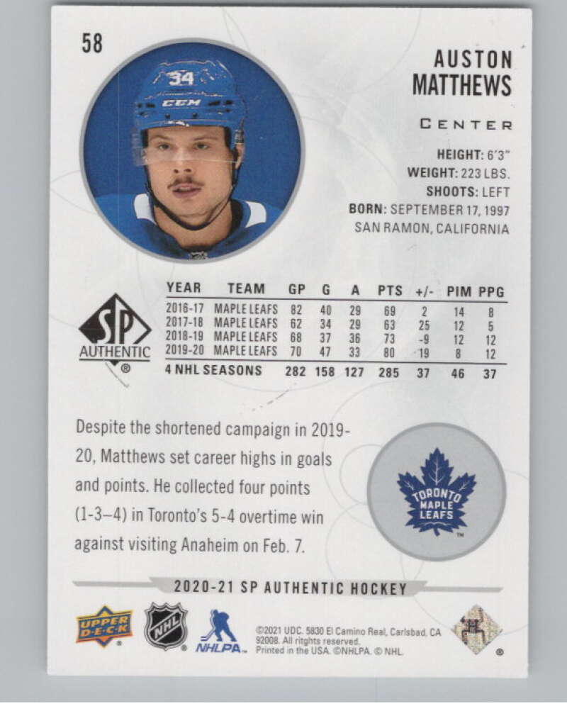 2020-21 SP Authentic #58 Auston Matthews  Toronto Maple Leafs  V100691 Image 2
