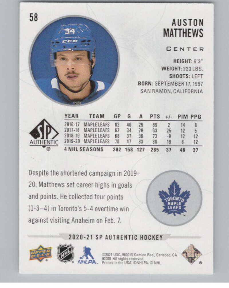 2020-21 SP Authentic #58 Auston Matthews  Toronto Maple Leafs  V100692 Image 2