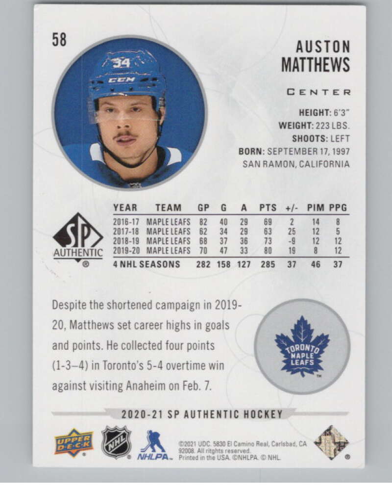 2020-21 SP Authentic #58 Auston Matthews  Toronto Maple Leafs  V100693 Image 2