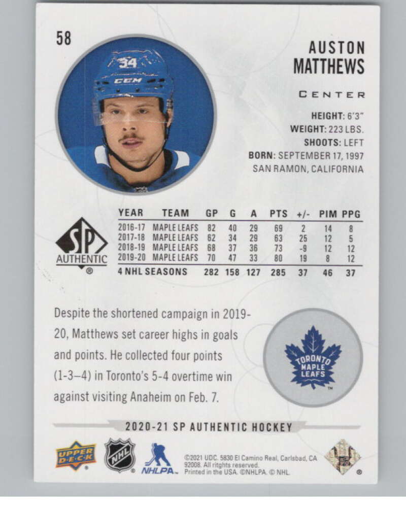 2020-21 SP Authentic #58 Auston Matthews  Toronto Maple Leafs  V100694 Image 2