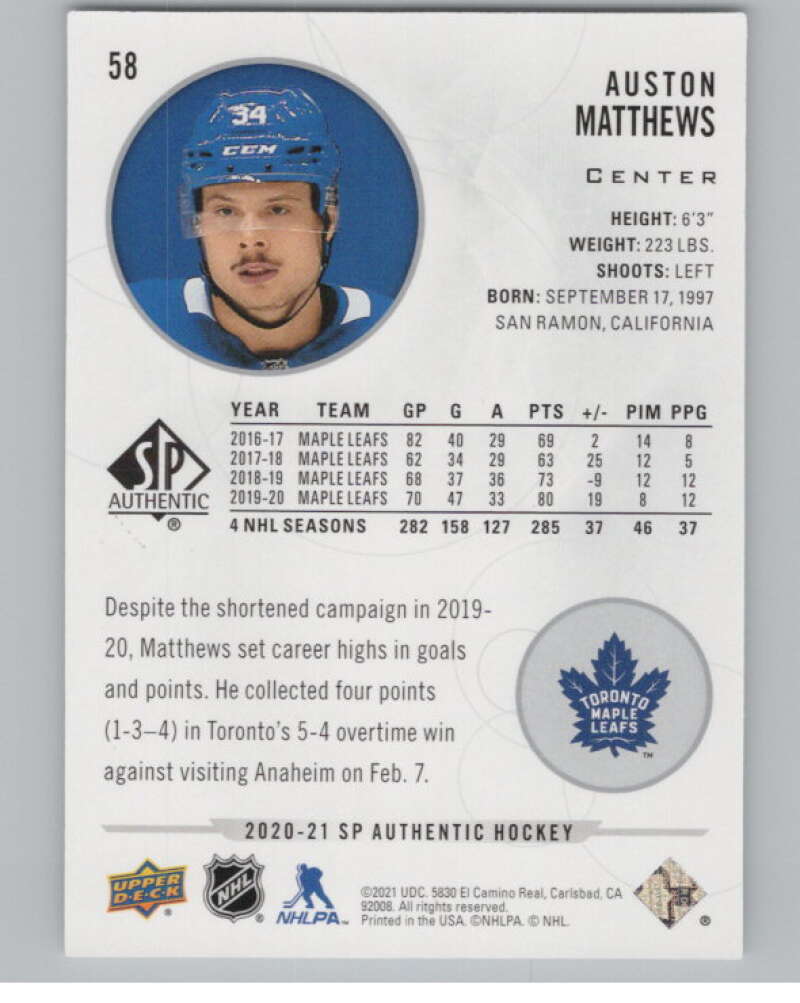 2020-21 SP Authentic #58 Auston Matthews  Toronto Maple Leafs  V100695 Image 2