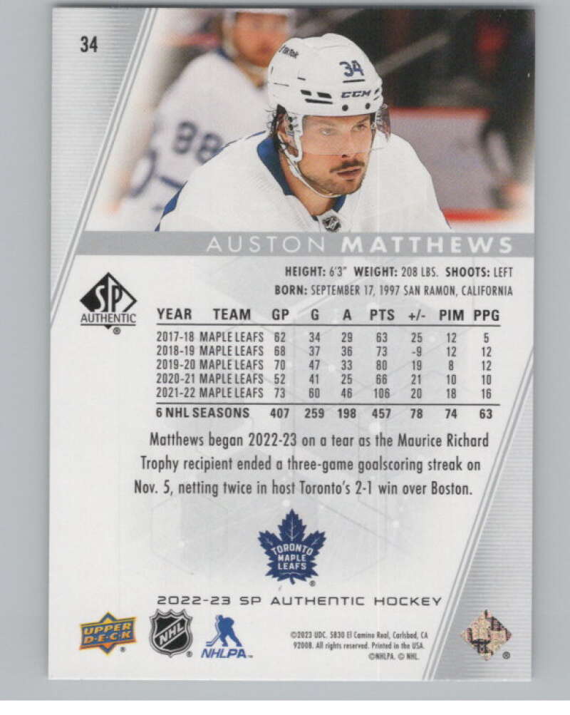 2022-23 SP Authentic #34 Auston Matthews  Toronto Maple Leafs  V100697 Image 2